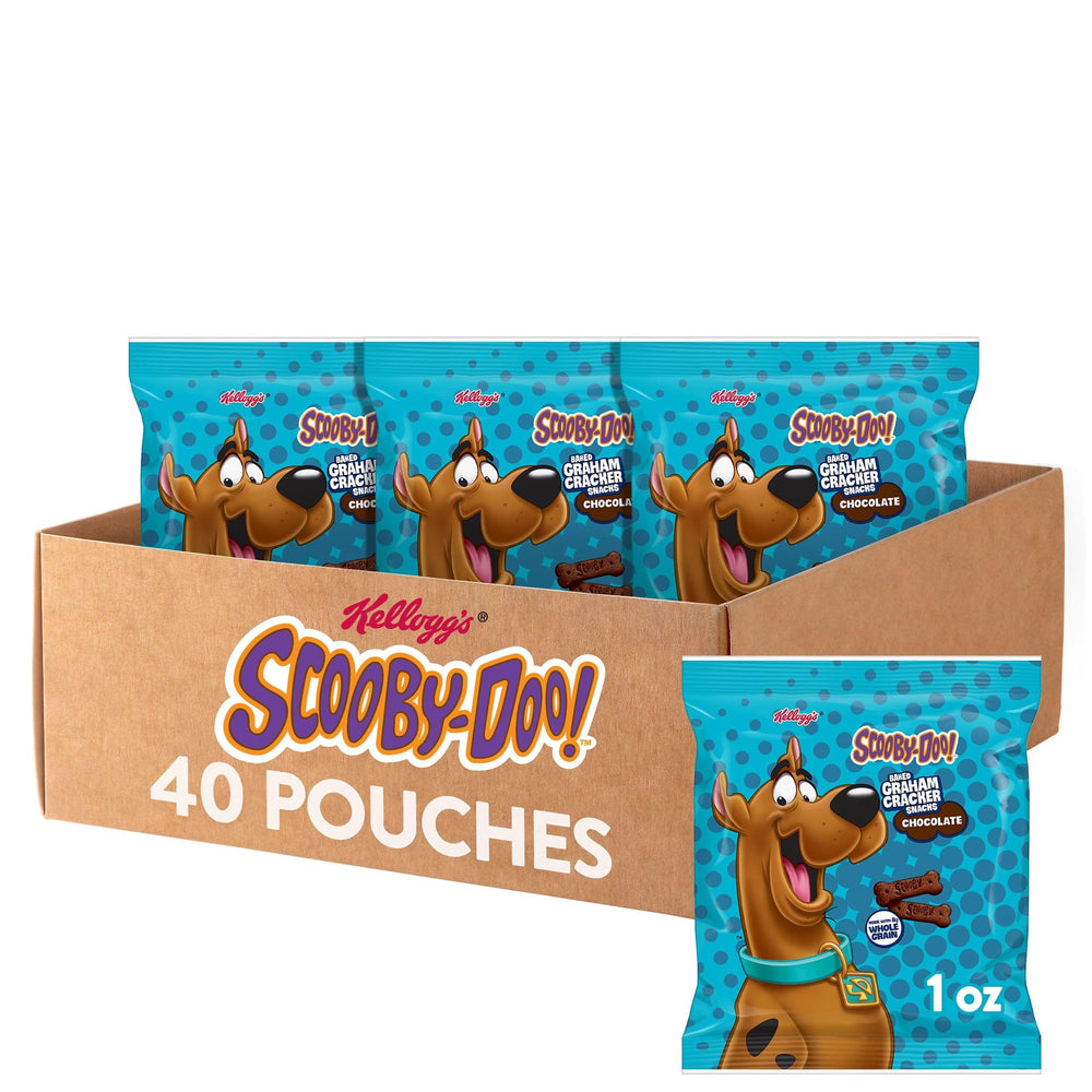 Kellogg's front packaging showing 40 snack pouches and Scooby-Doo branding, convenient storage