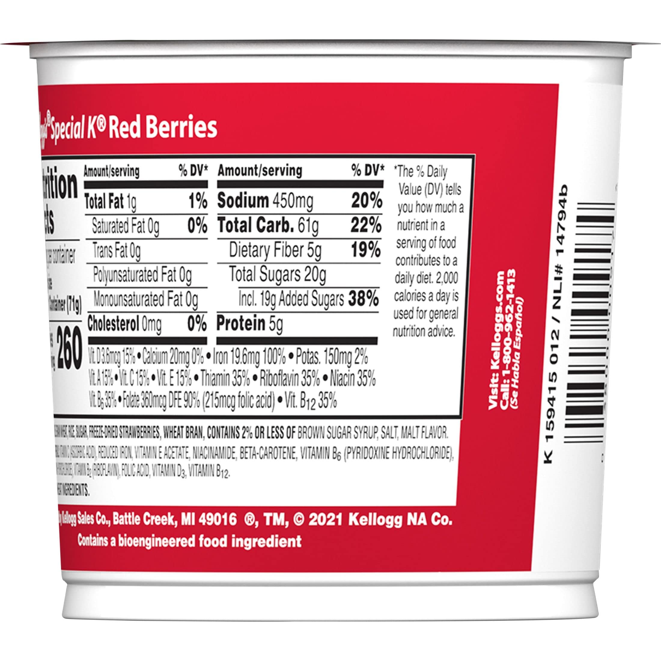 Kellogg's Special K nutrition label close-up showing vitamins, minerals, and ingredient info