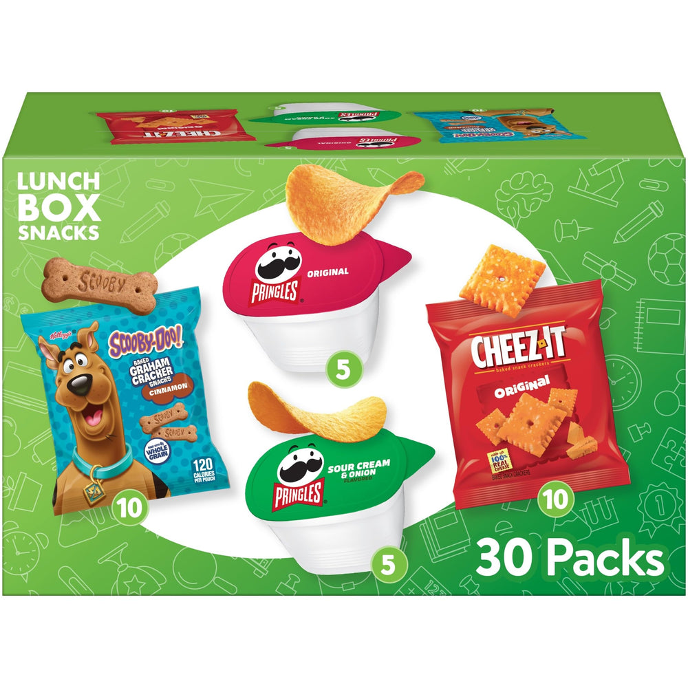 Kellogg's variety pack front box showing all included single-serve snacks for easy selection