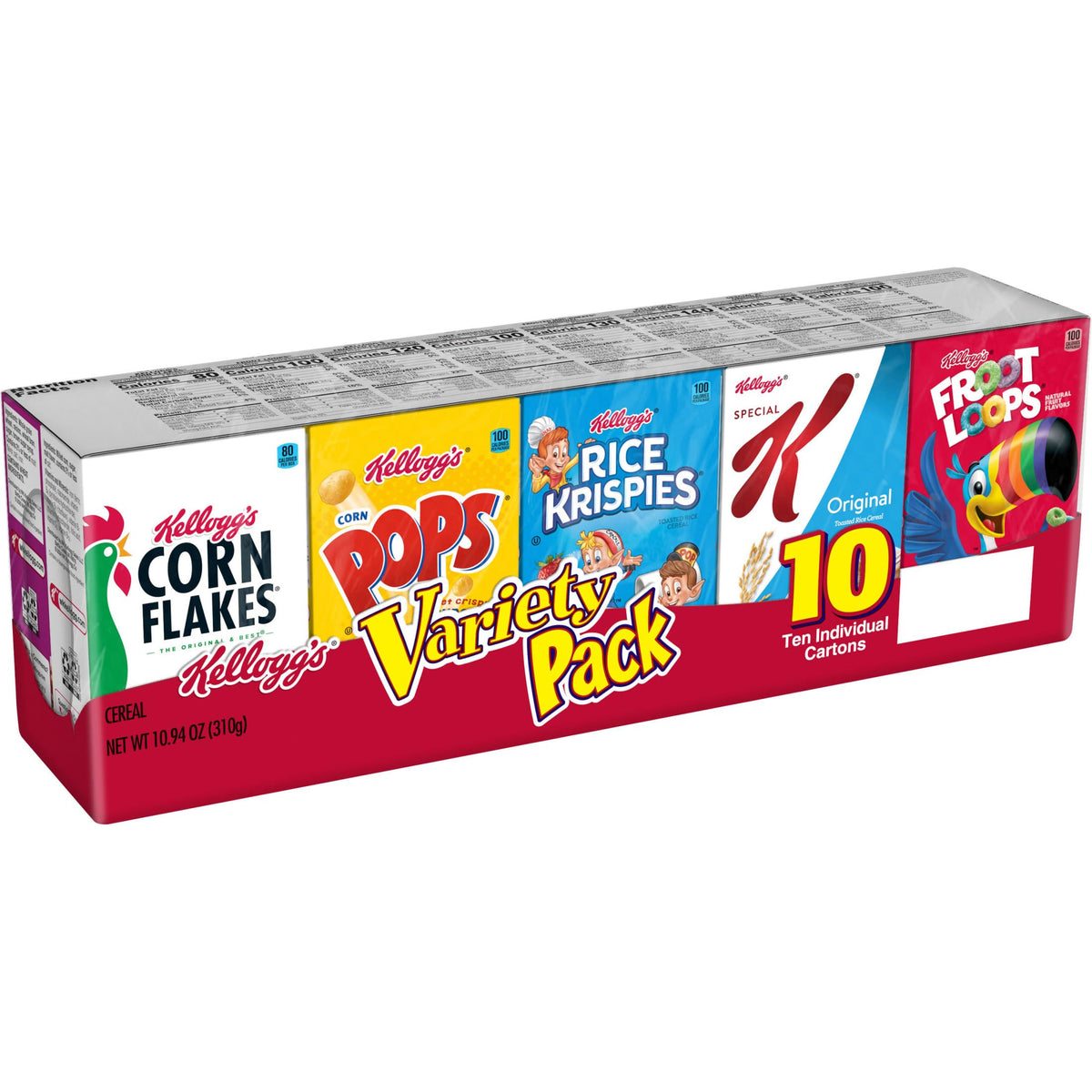 Kellogg's variety pack front package showing all included cereals and convenience