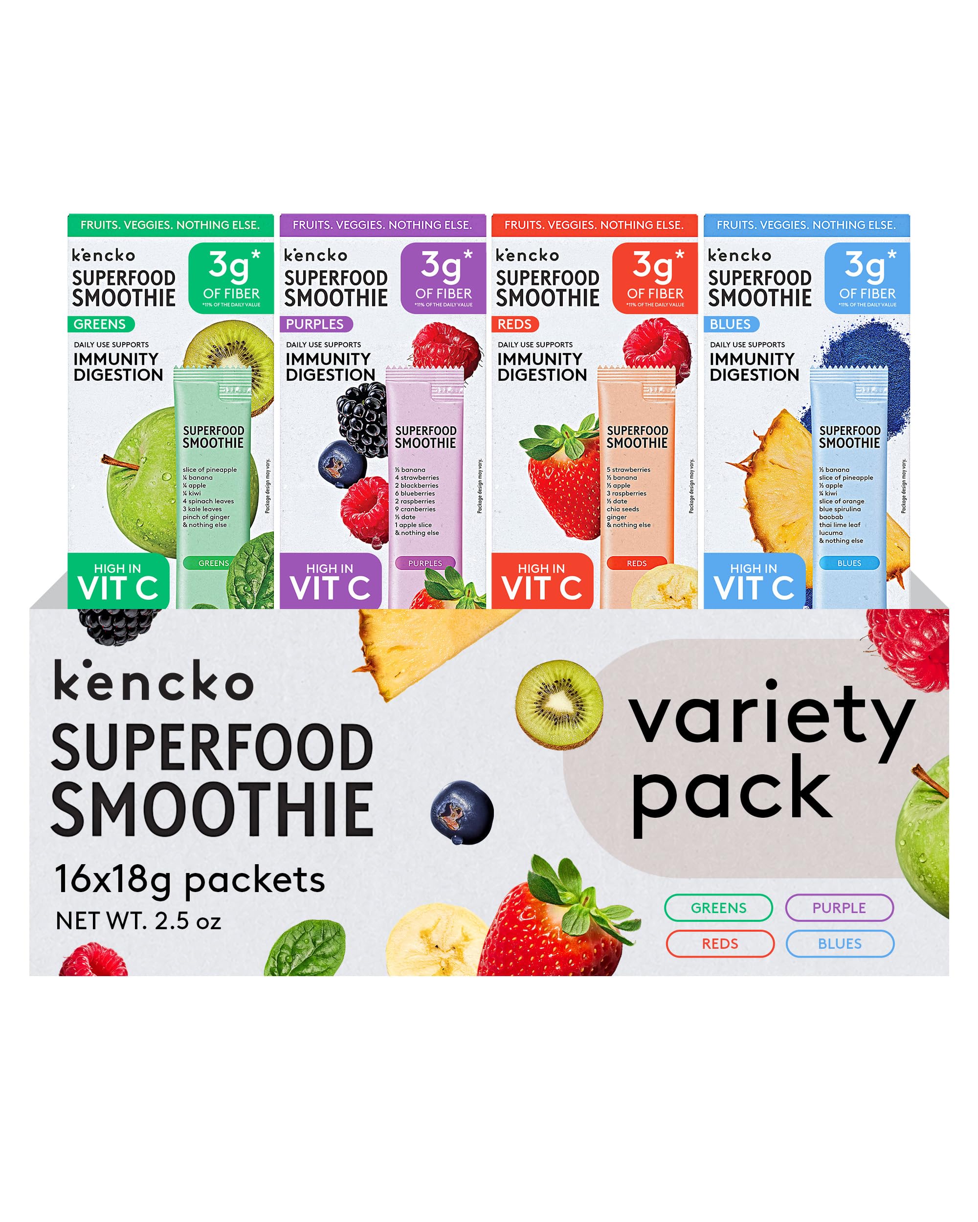 kencko front packaging showing 16 sachets and variety benefits