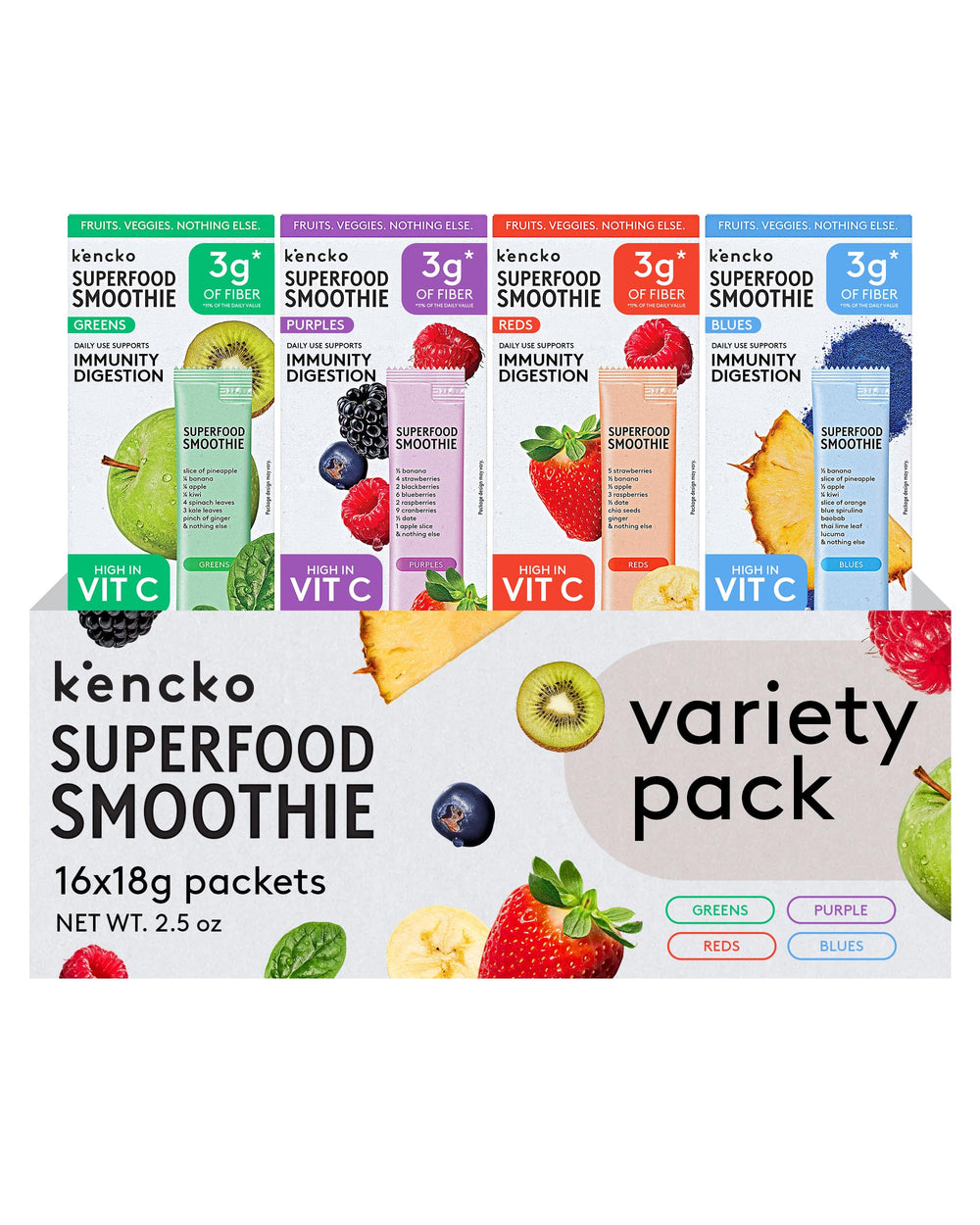 kencko front packaging showing 16 sachets and variety benefits