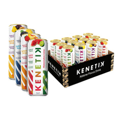 Kenetik front packaging showing 12-pack with flavors and branding for convenient shelf storage