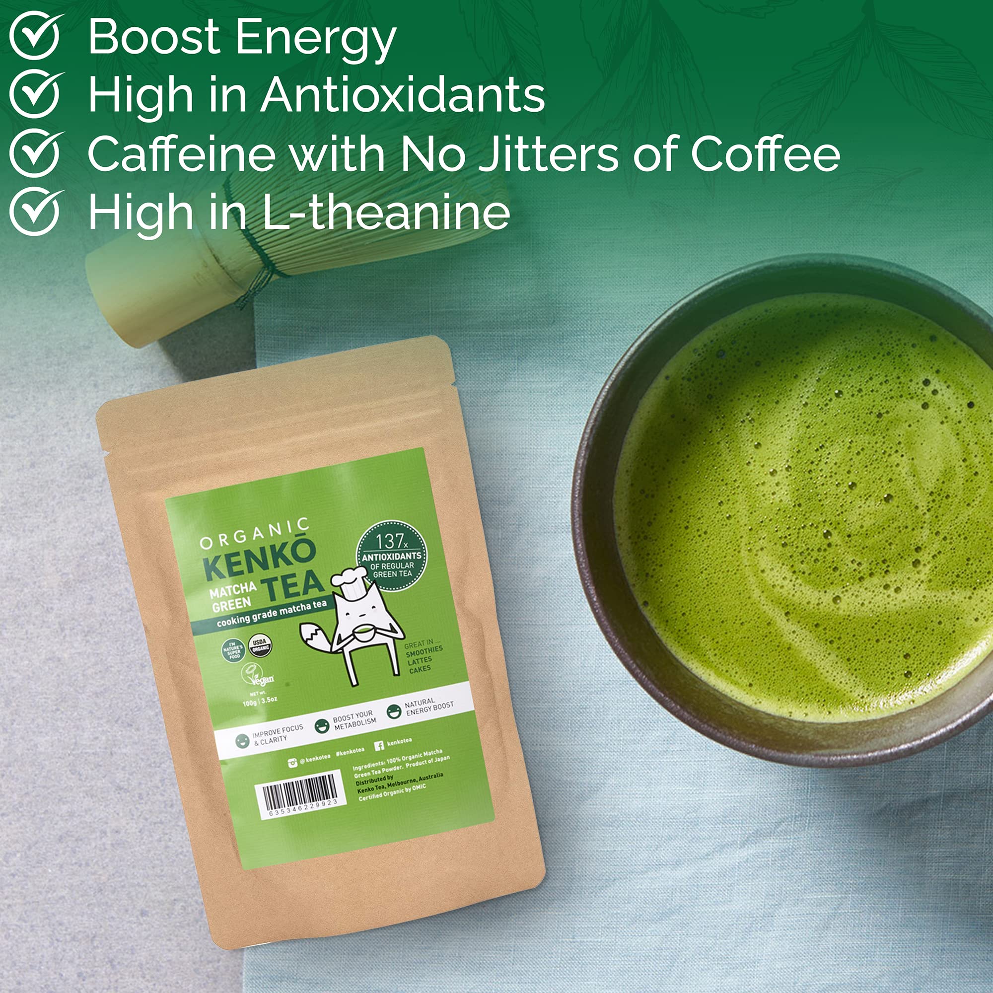 Kenko Matcha in a ceramic bowl being whisked, Kenko Matcha yields creamy foam