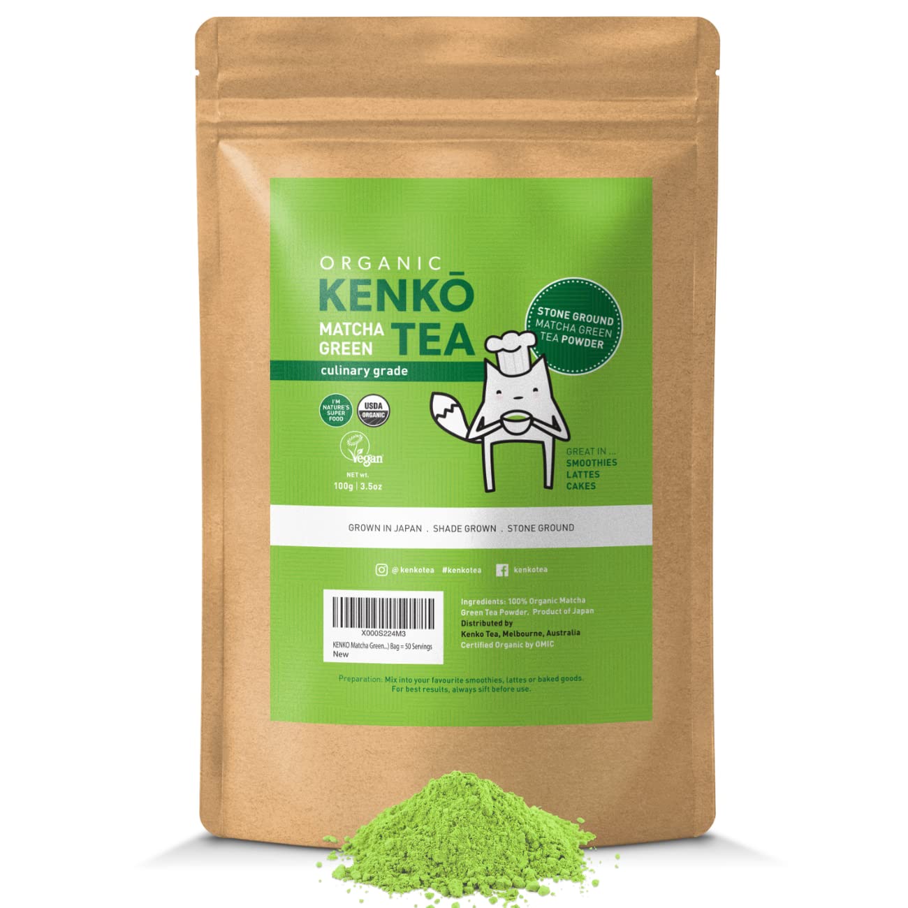 Kenko Matcha front packaging showing brand and organic label, highlighting freshness