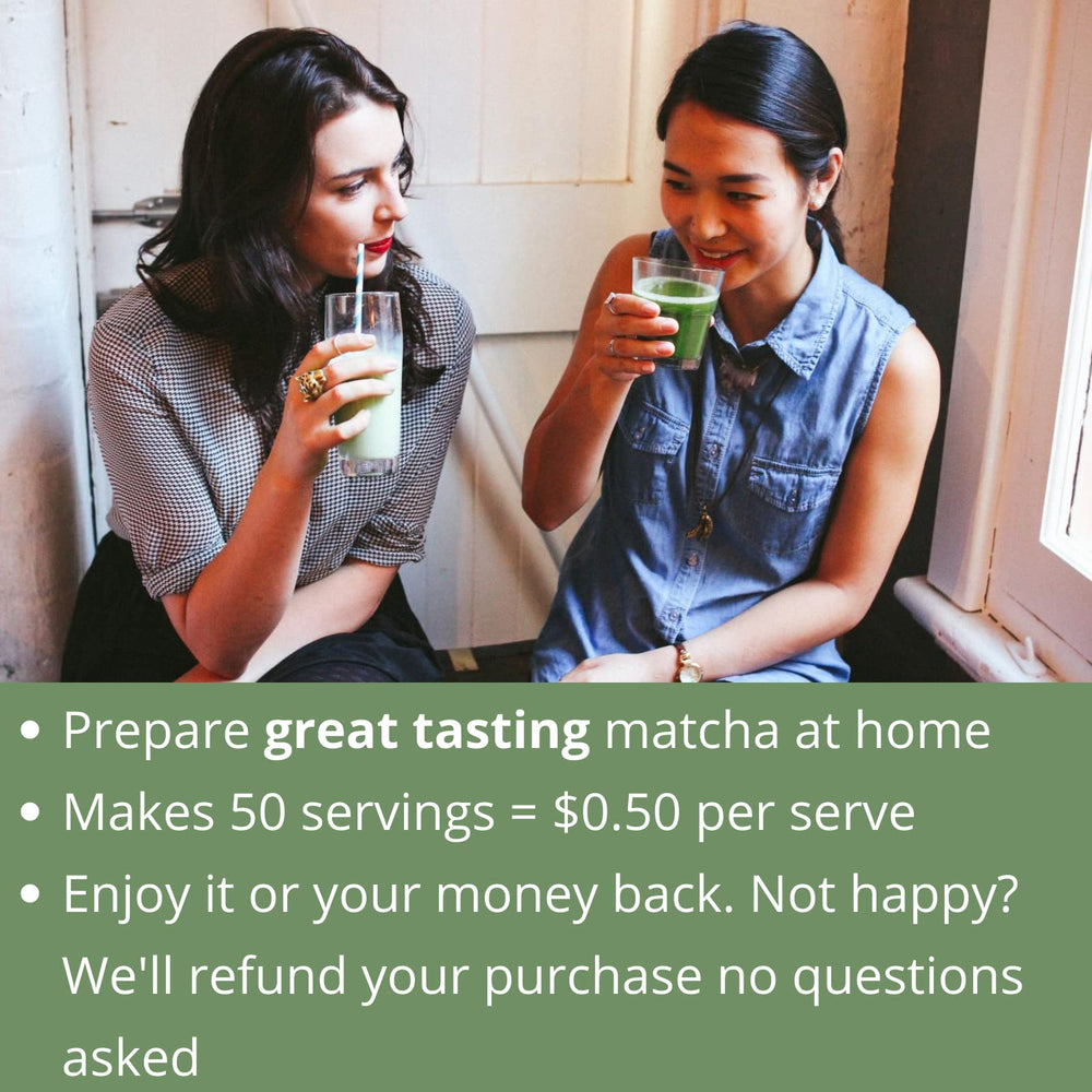 Kenko Matcha latte in clear glass with foam, Kenko Matcha creates creamy drinks