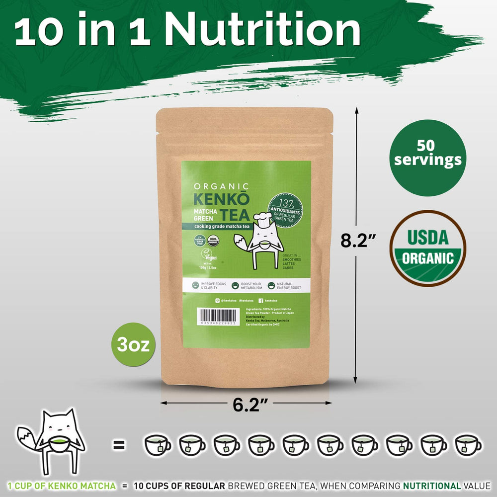 Kenko Matcha measured with scoop and spoon on scale, Kenko Matcha accurate servings