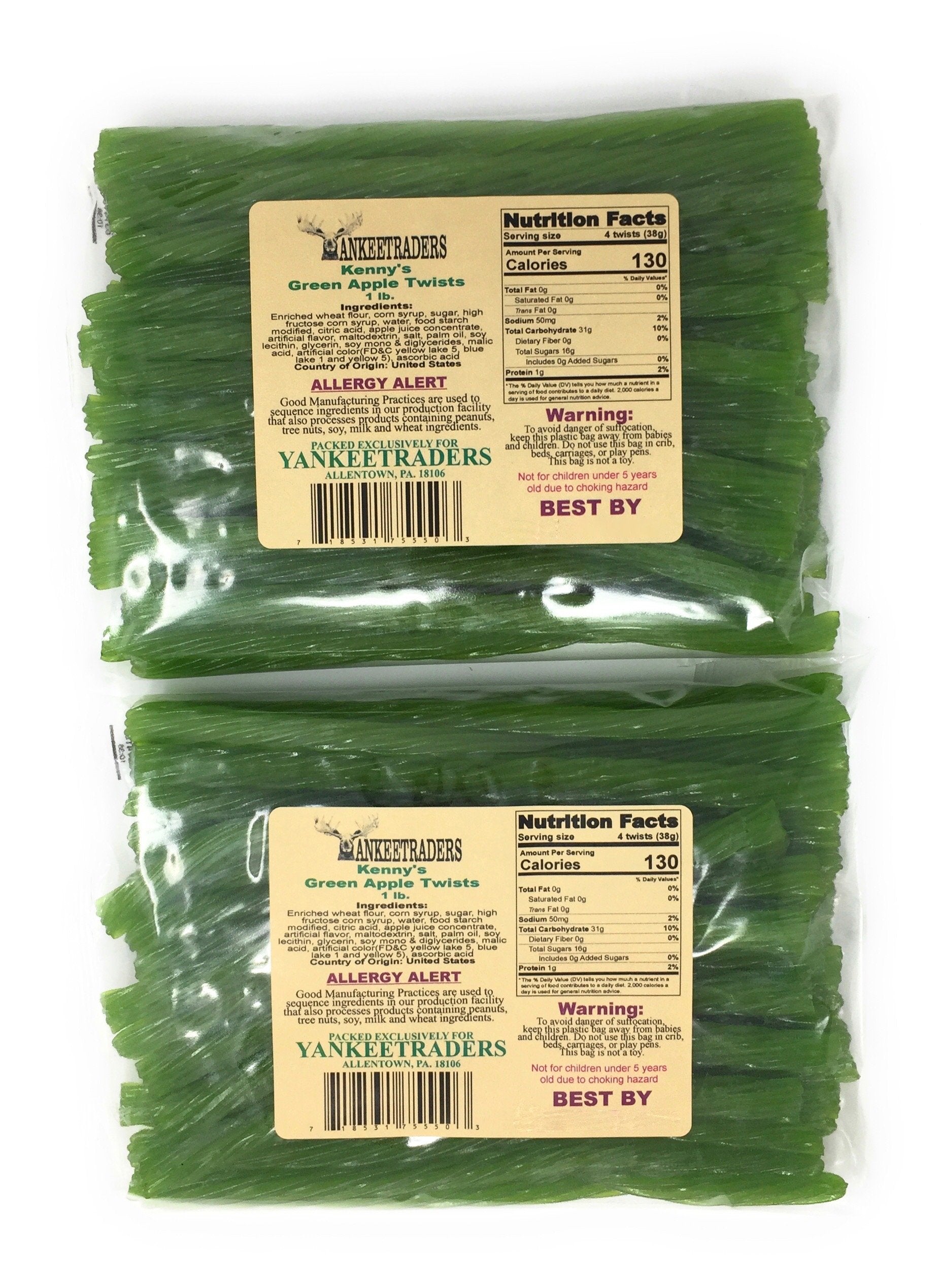 Kenny's green apple licorice front packaging shows two 1 lb bags for sharing
