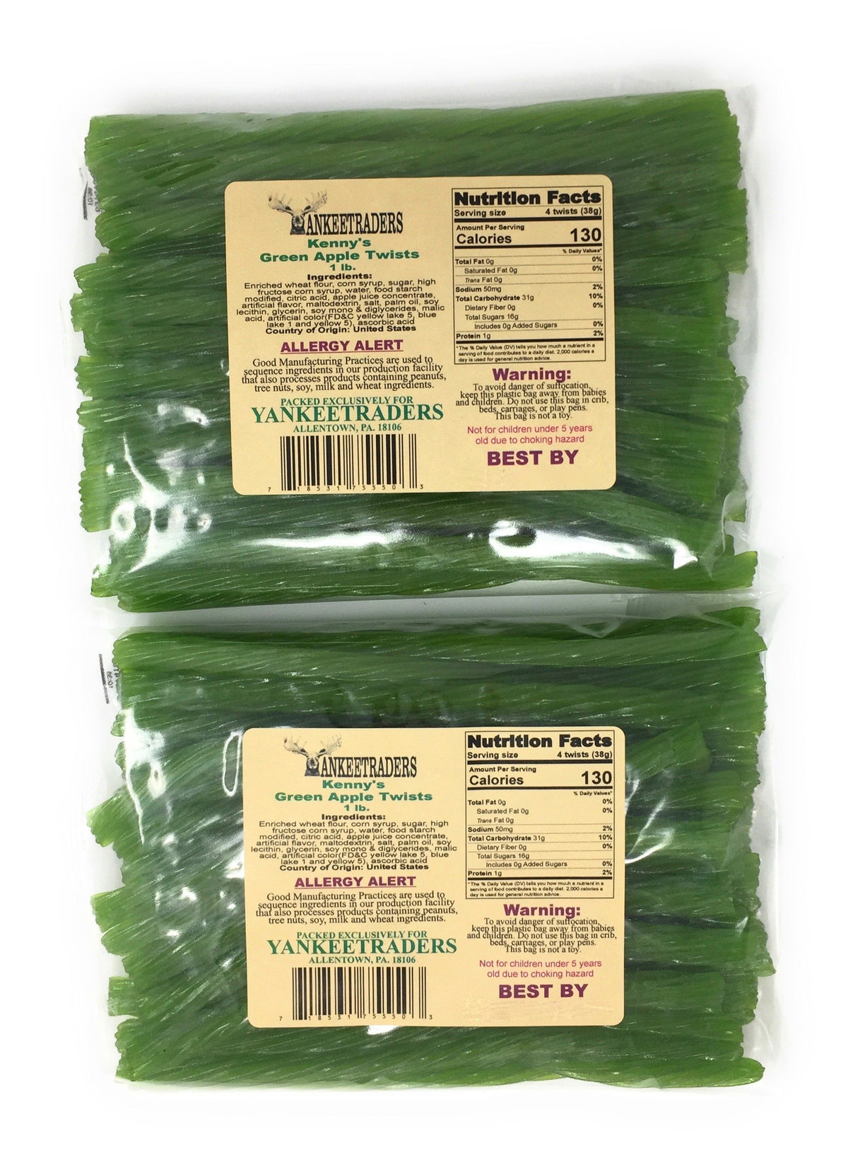 Kenny's green apple licorice front packaging shows two 1 lb bags for sharing