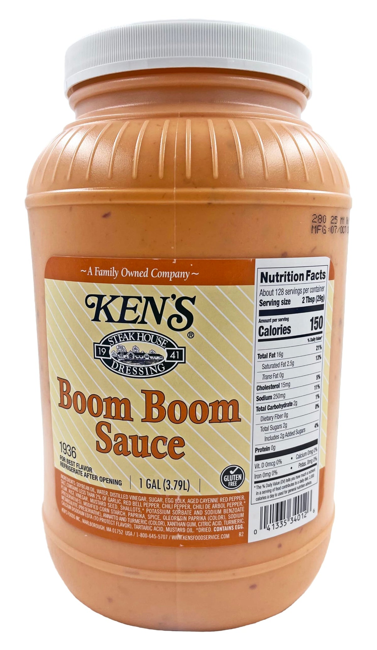 Ken's Boom Boom Sauce gallon front label showing product identity and benefits