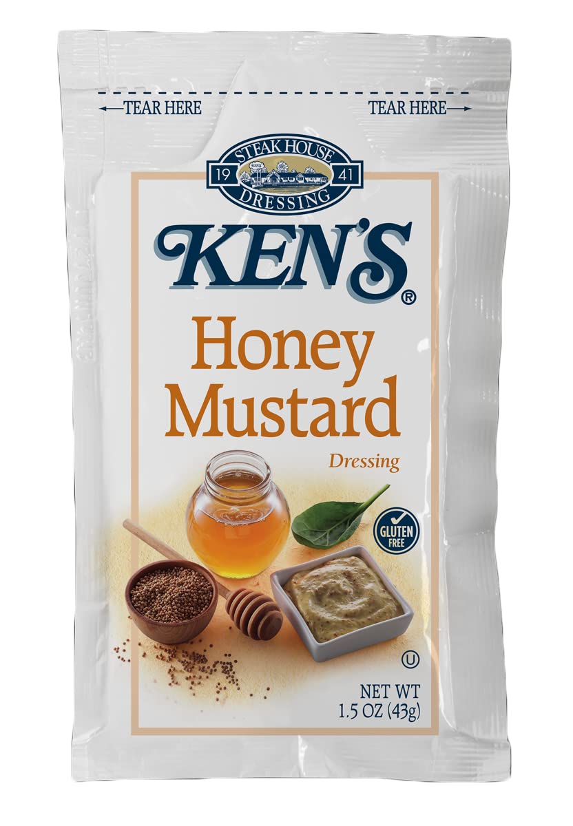 Ken's honey mustard pouches next to ruler showing 1.5 oz portion control