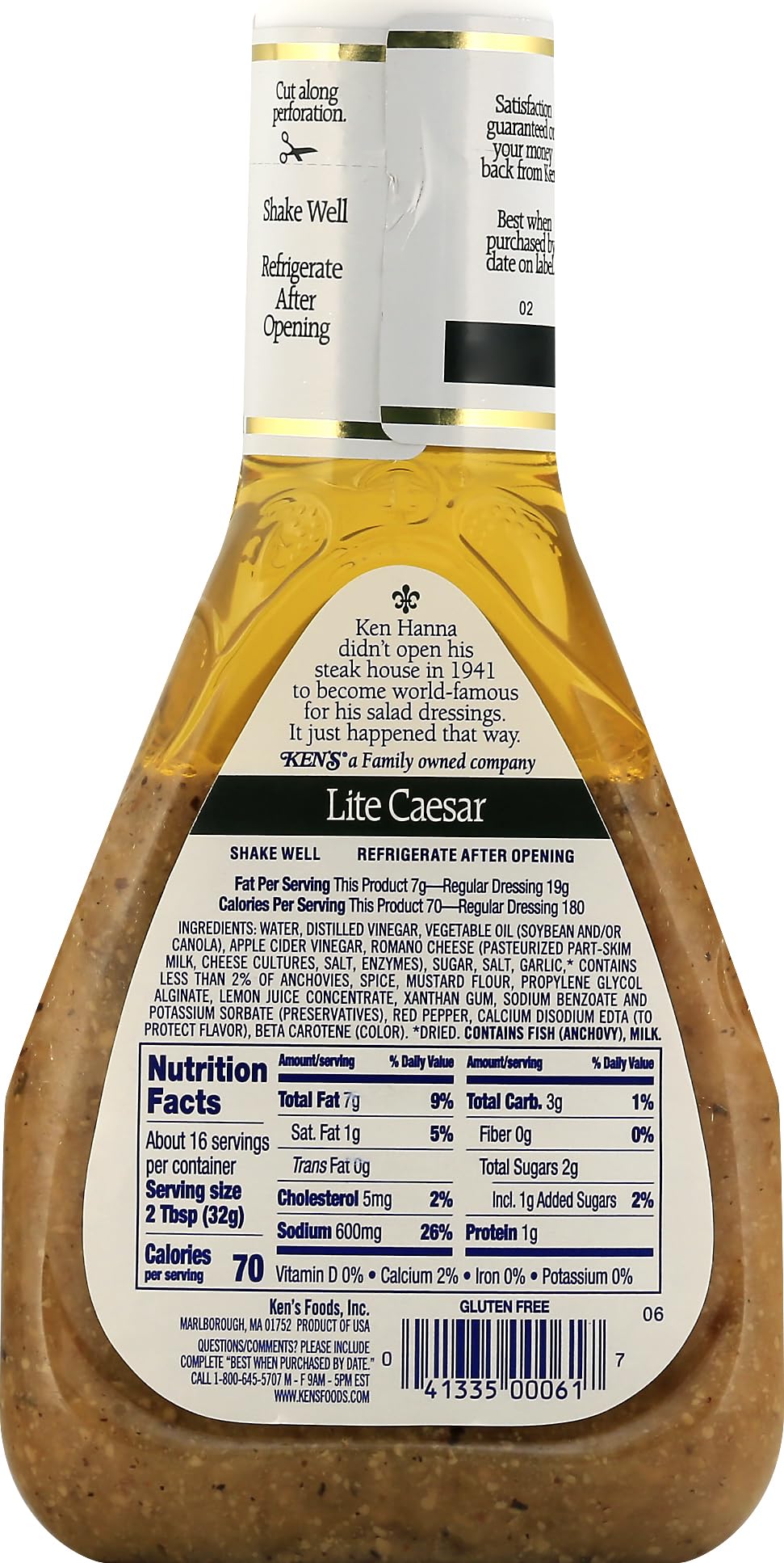 detailed shot of Ken's light Caesar ingredients list and label to confirm contents and allergens