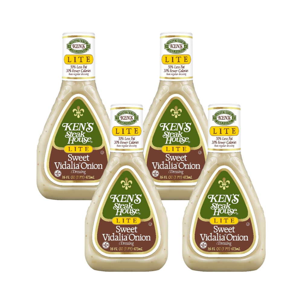 Ken's Steak House front packaging showing lite Vidalia dressing, convenient four-pack benefit
