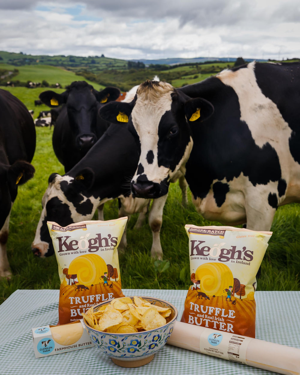 Keogh's open bag with crisps visible showing portion and freshness benefit