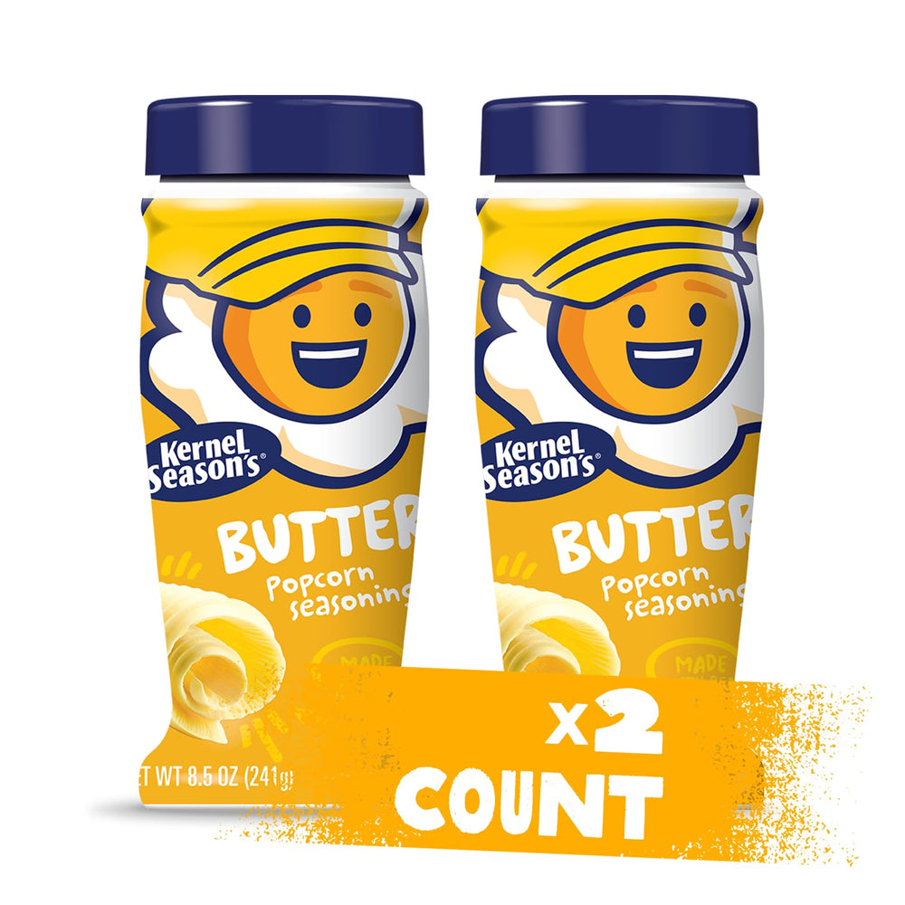 Kernel Season's front packaging showing twin 8.5 oz shakers and benefit of theater flavor
