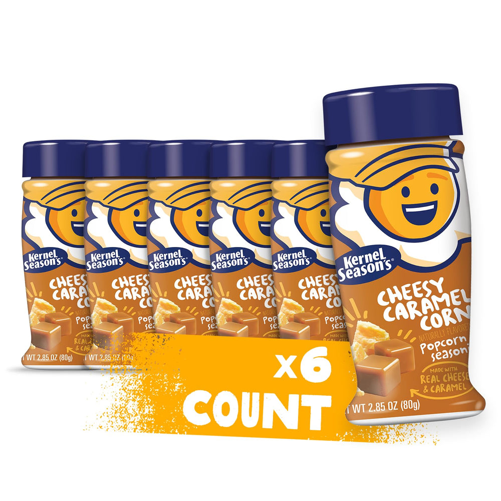 Kernel Season's front packaging showing cheesy caramel flavor and benefits