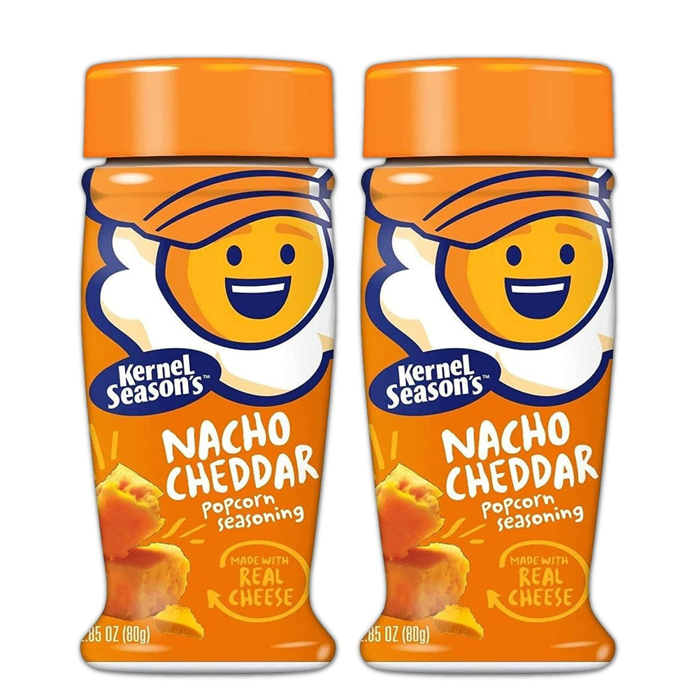 Kernel Season's front packaging showing two 2.85 oz nacho cheddar shakers and brand