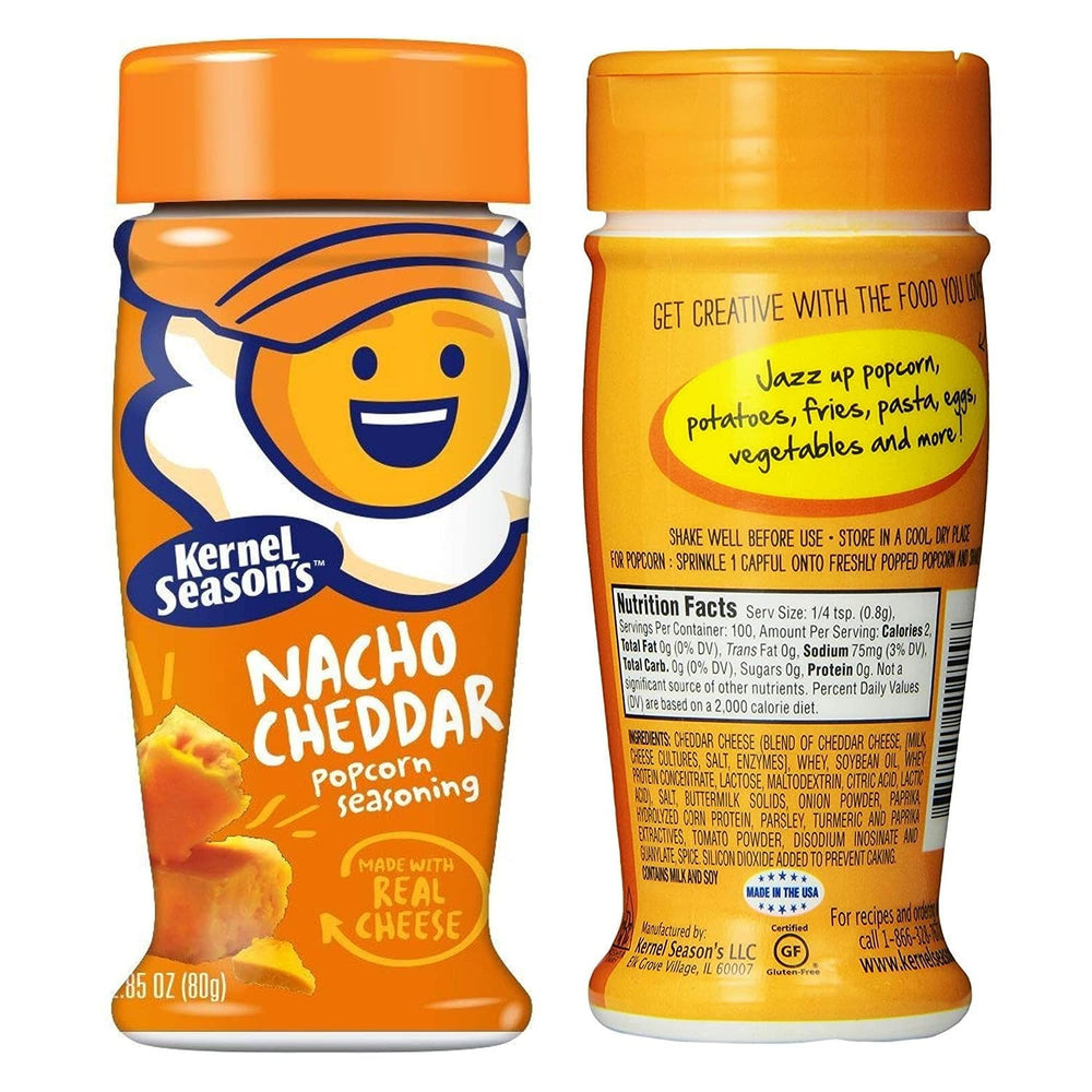 Kernel Season's shaker close-up highlighting fine powder texture and easy-dispense lid