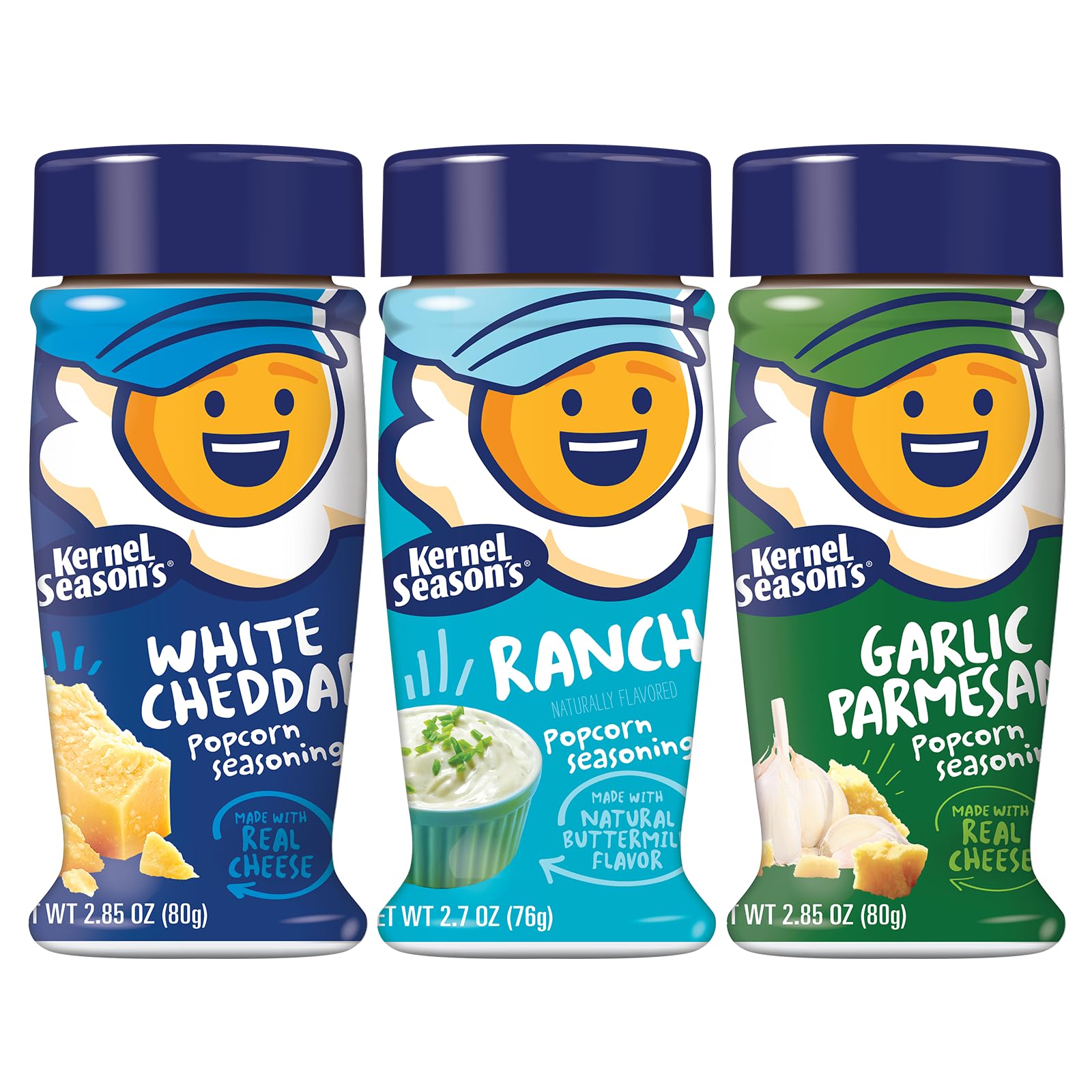 Kernel Season's three retail shakers front view showing flavor variety and convenient sizes