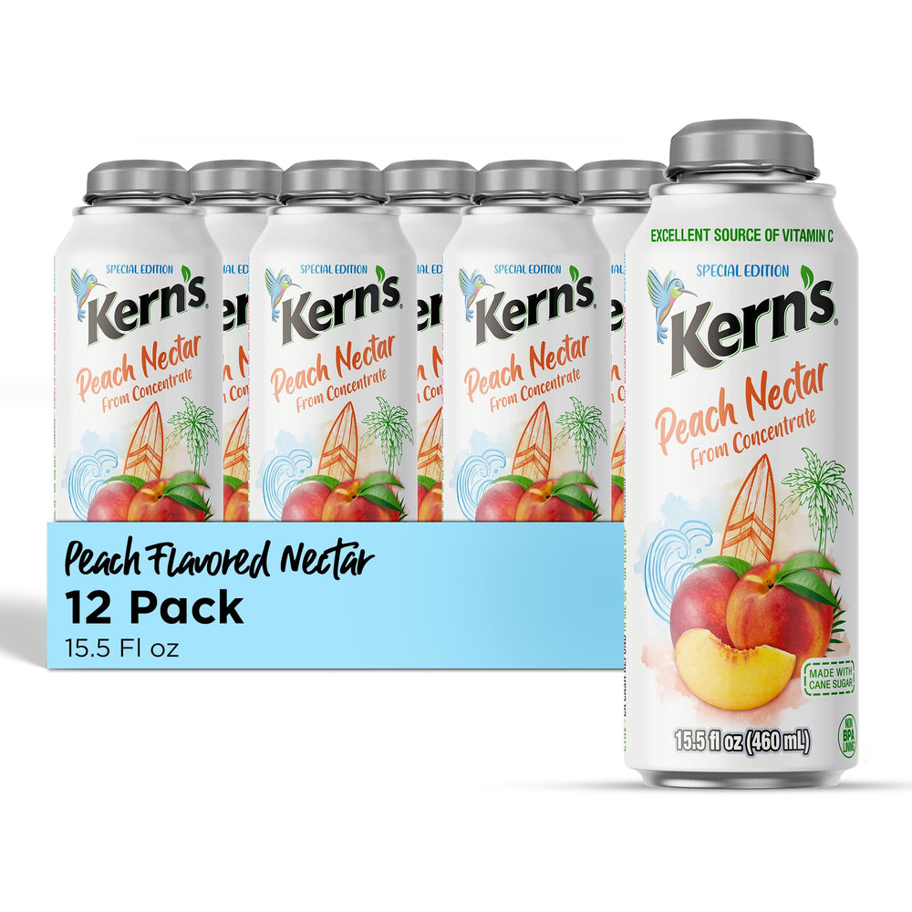 Kern’s front packaging showing 12-pack and peach imagery for pantry appeal