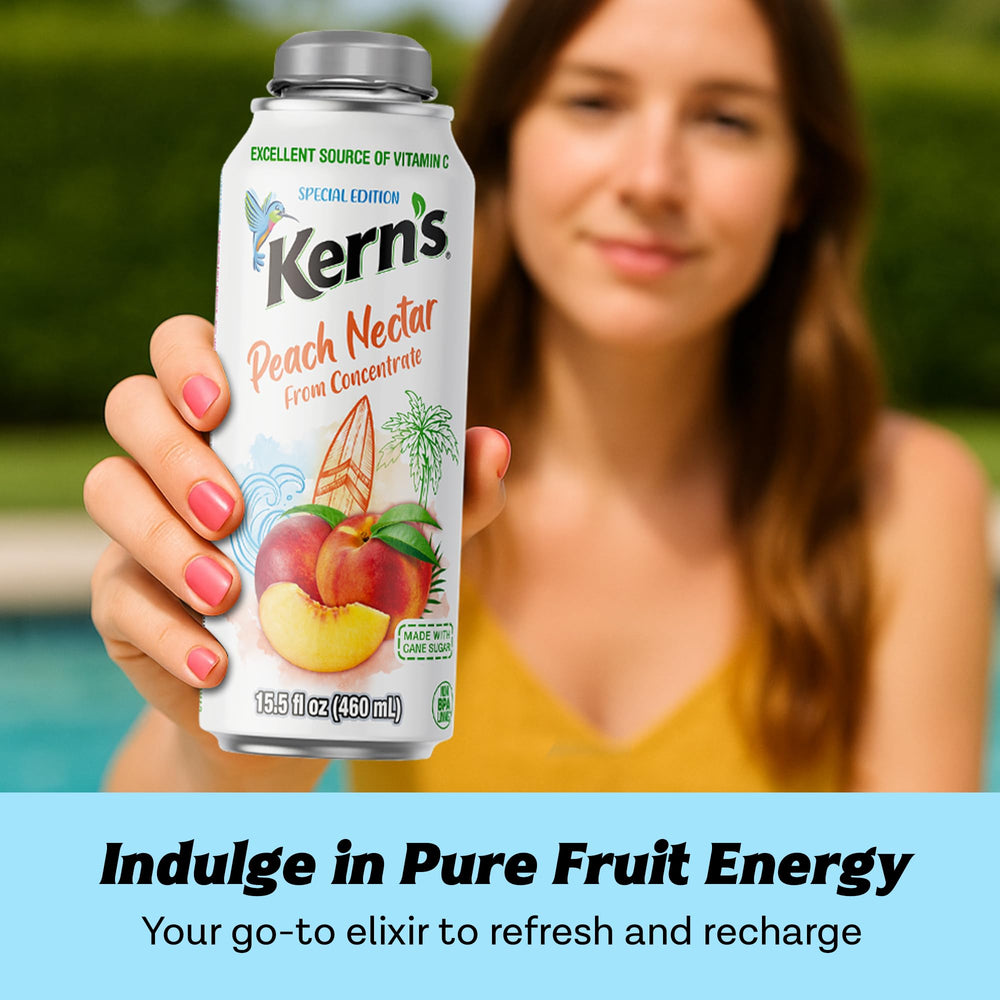 Kern’s poured into glass with ice showing refreshing peach flavor benefit