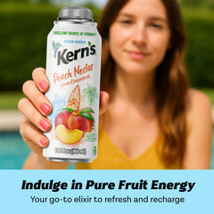 Kern’s poured into glass with ice showing refreshing peach flavor benefit