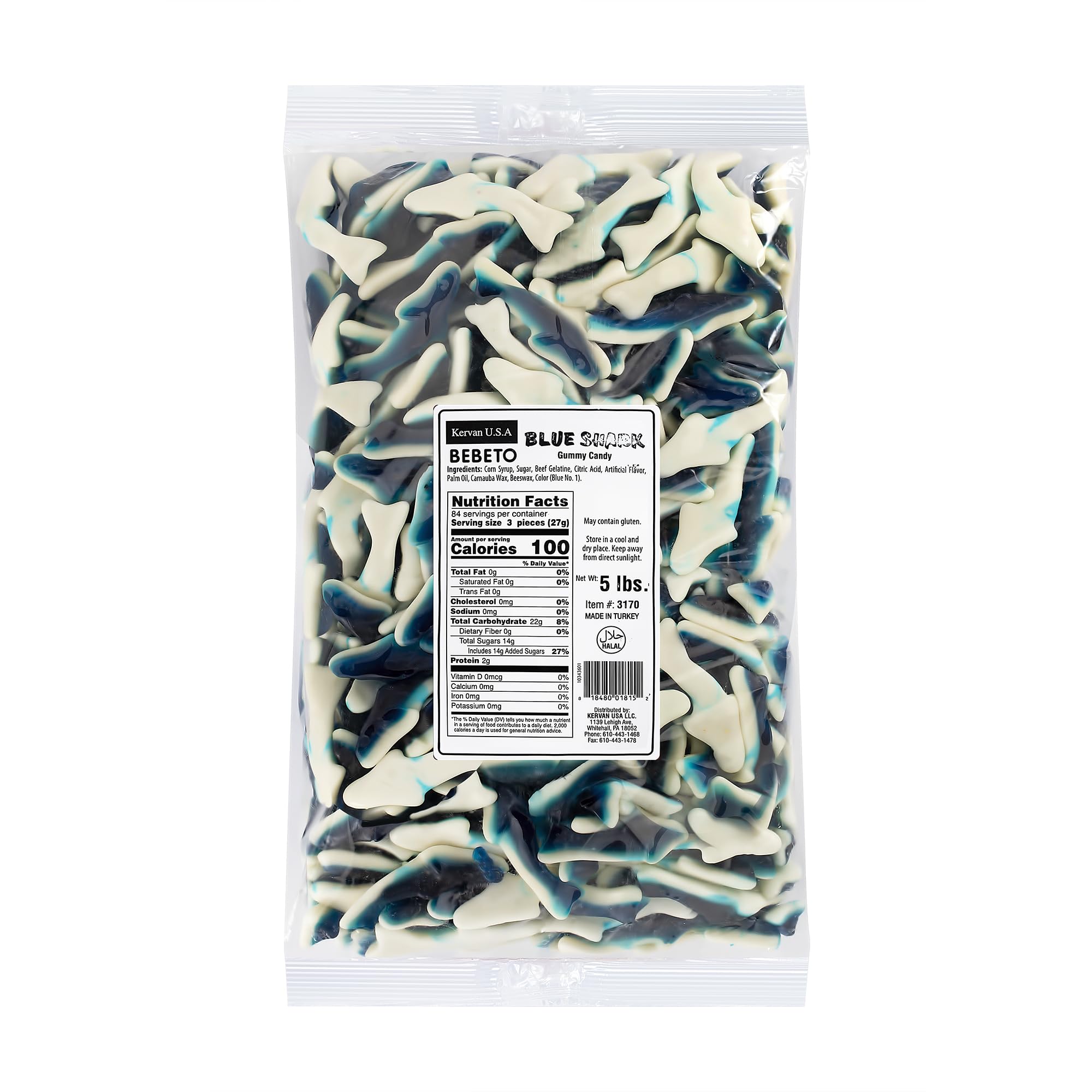 Kervan front packaging showing 5 lb bag and bright blue shark gummies for easy bulk storage