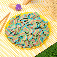 Kervan close-up texture of rainbow belts highlighting soft chewy bite