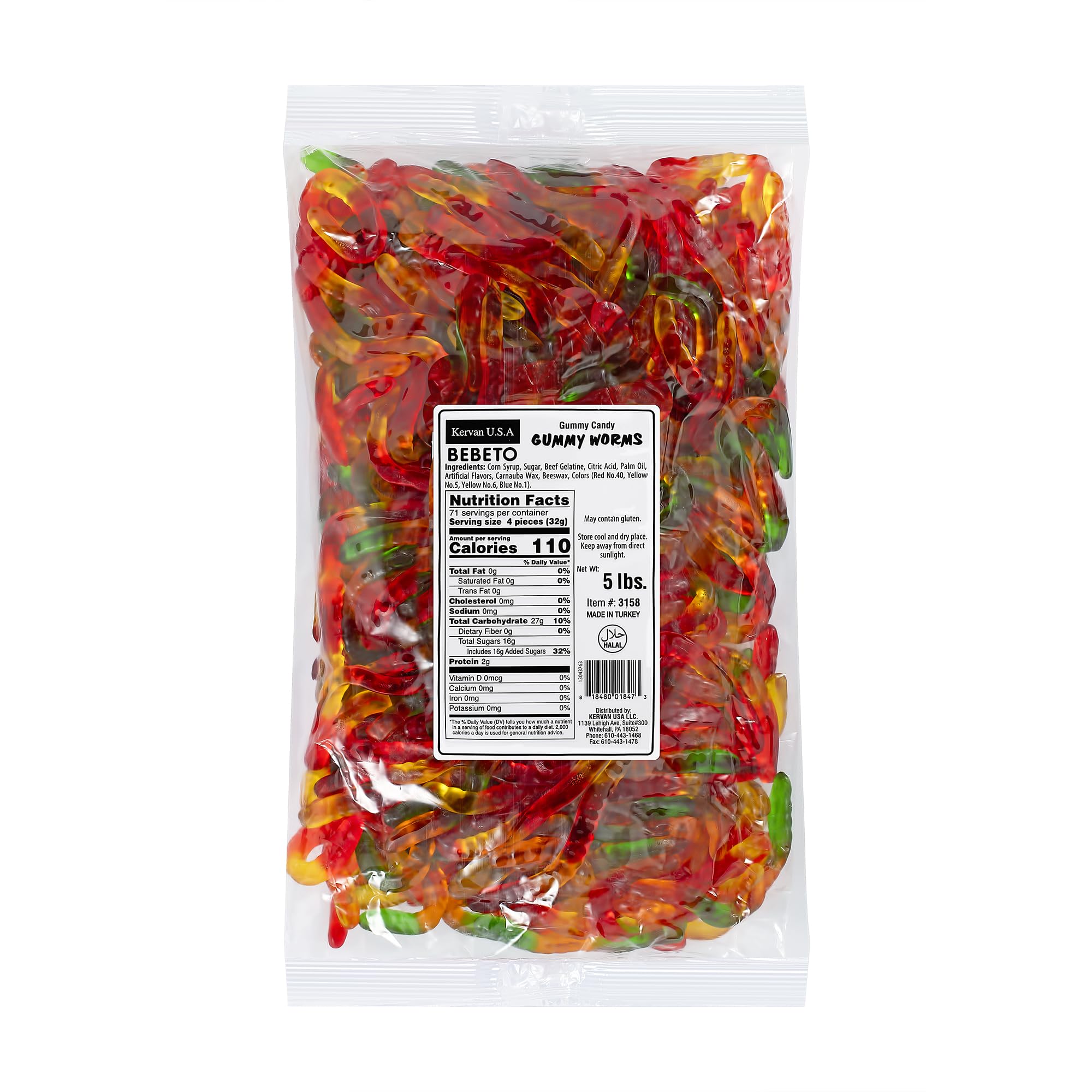 Kervan front packaging showing 5 lb bag and colorful gummy worms for parties