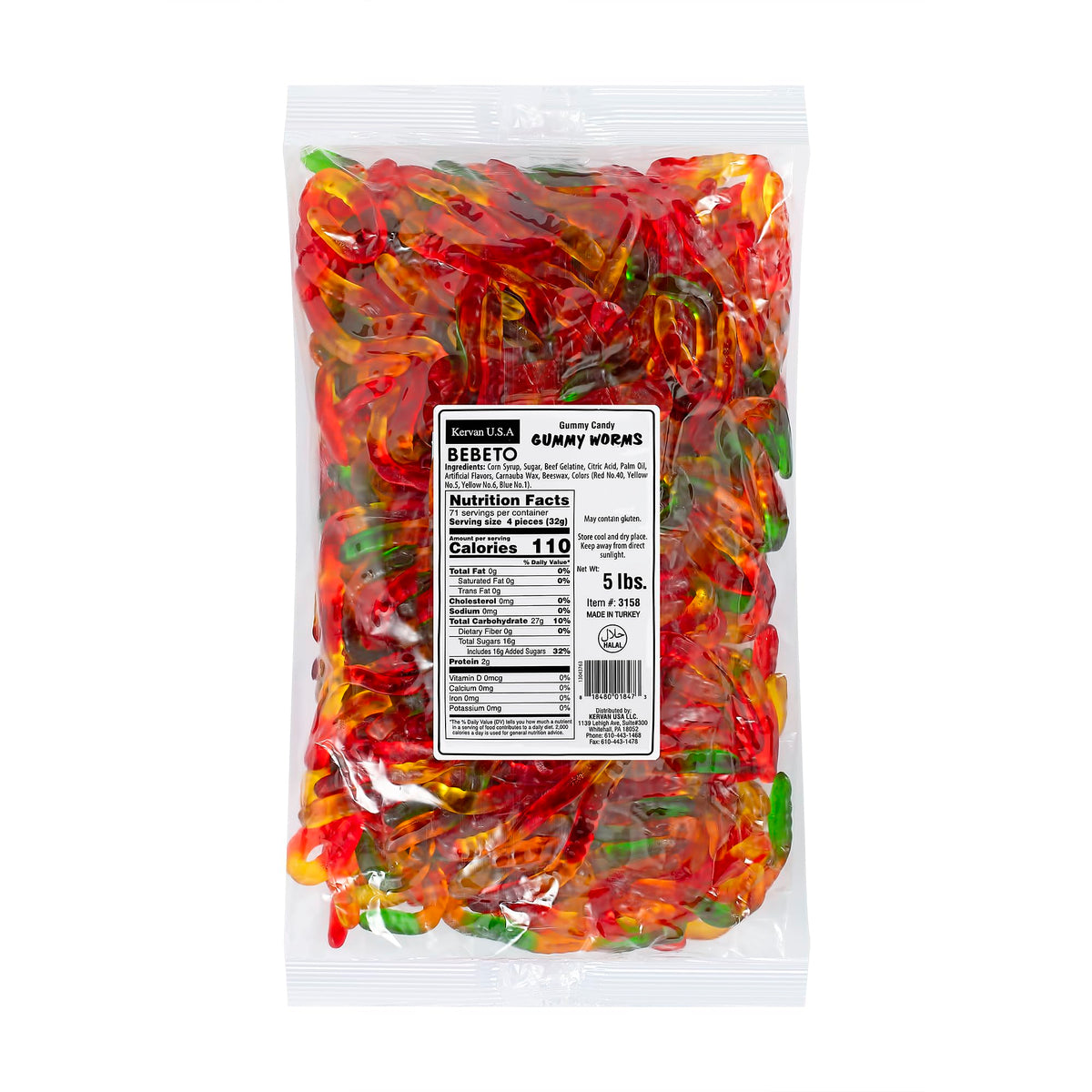 Kervan front packaging showing 5 lb bag and colorful gummy worms for parties