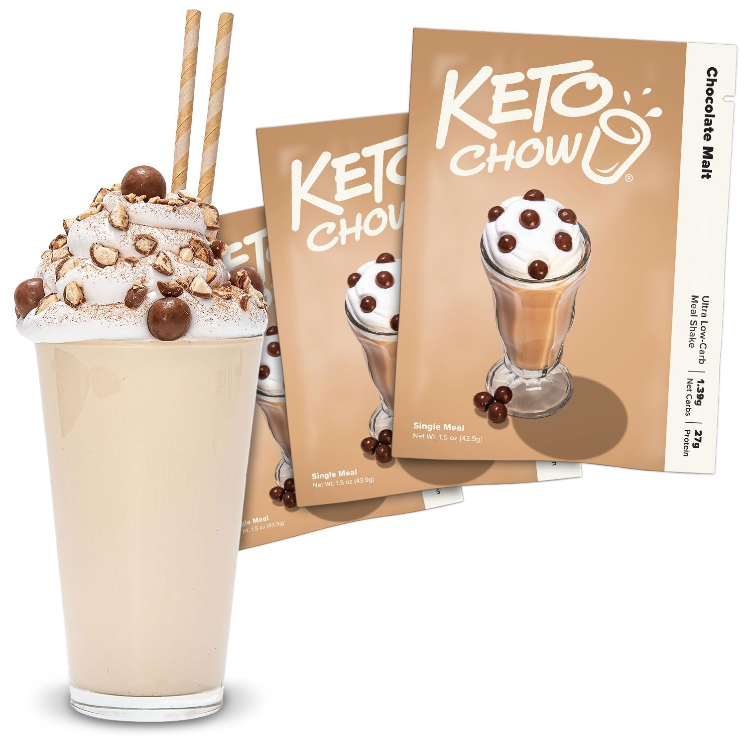 Keto Chow Chocolate Malt front packaging showing convenience and flavor
