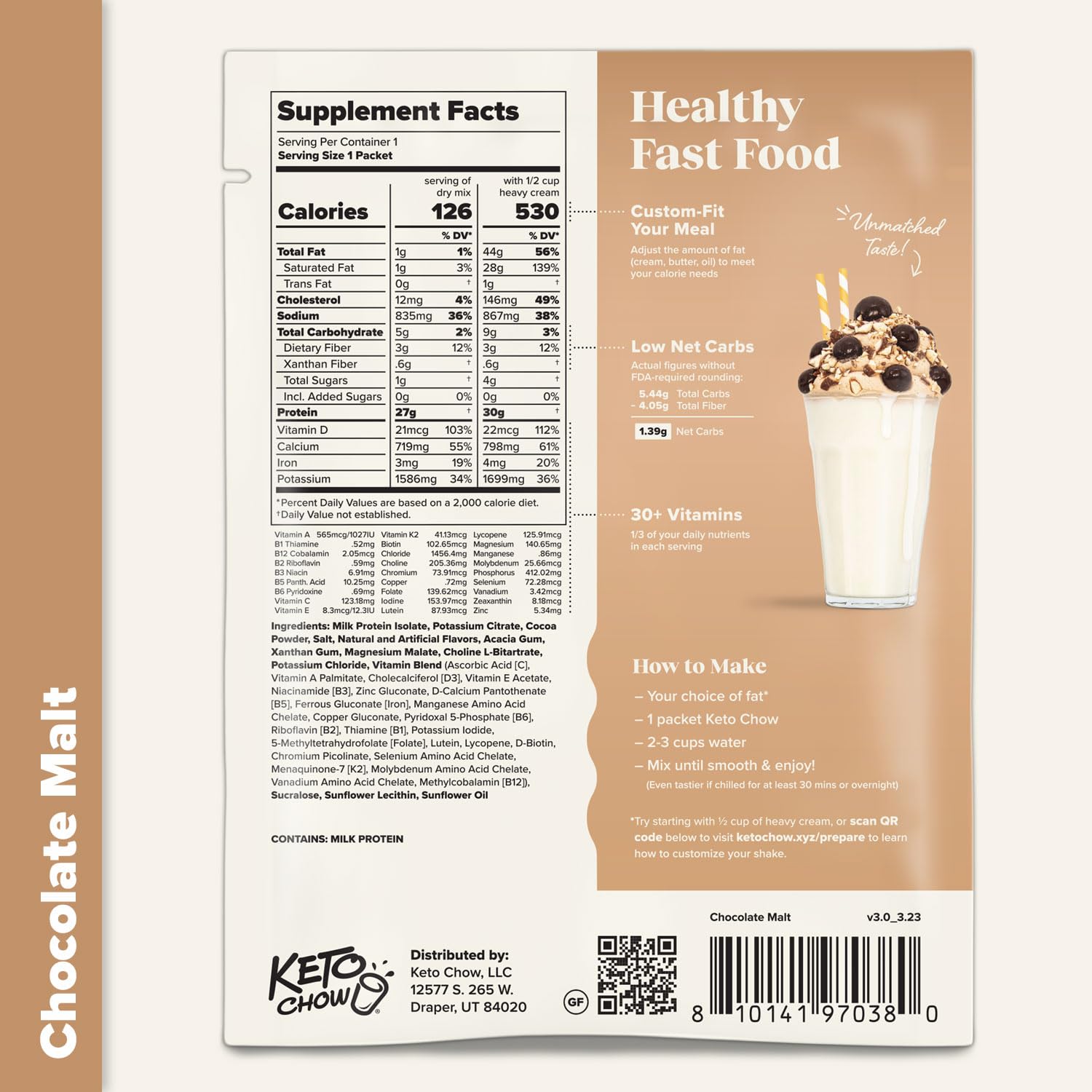 Keto Chow Chocolate Malt spoonful of powder showing mixability and smooth texture