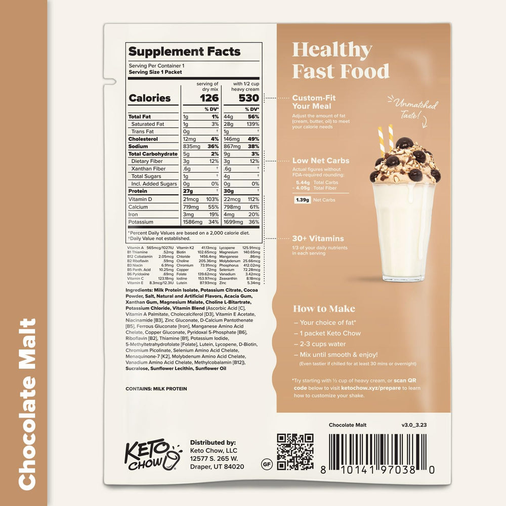 Keto Chow Chocolate Malt spoonful of powder showing mixability and smooth texture