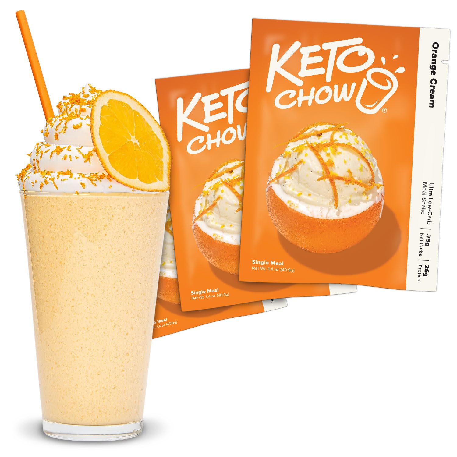 Keto Chow front packaging showing orange cream three-meal pouch and benefit of convenient meals