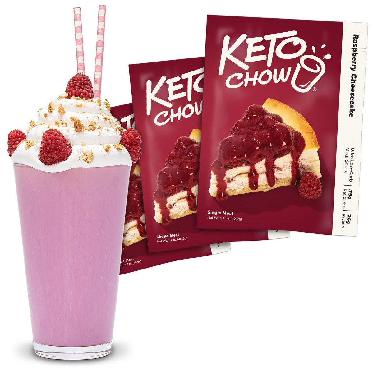 Keto Chow front packaging showing raspberry cheesecake flavor and convenience
