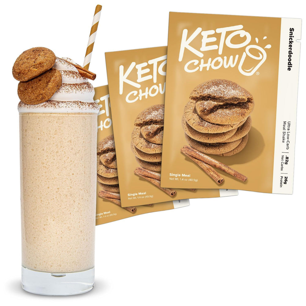 Keto Chow front packaging showing three snickerdoodle servings and convenience