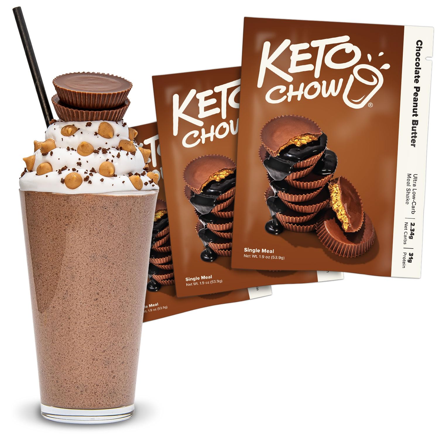 Keto Chow front package showing Chocolate Peanut Butter convenience