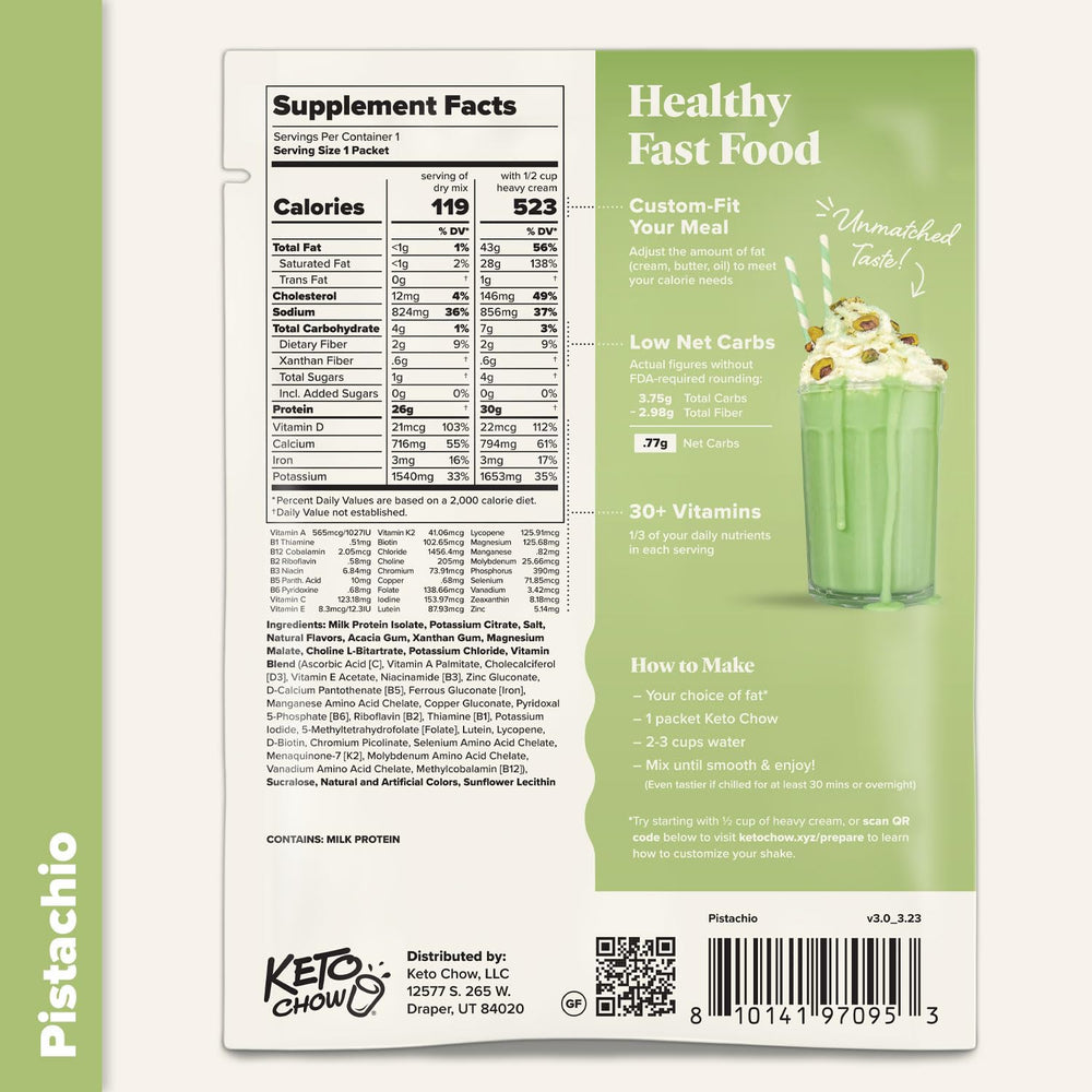 Keto Chow Pistachio Meal Replacement Shake Powder — 3 Meals, Low‑Carb High‑Protein with Electrolytes