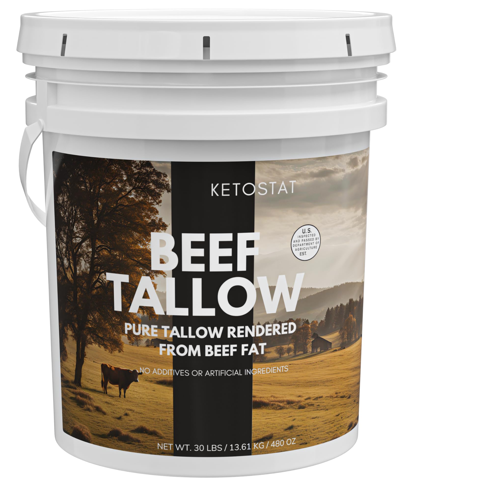Ketostat beef tallow 30 lb pail front view shows durable packaging and bulk value