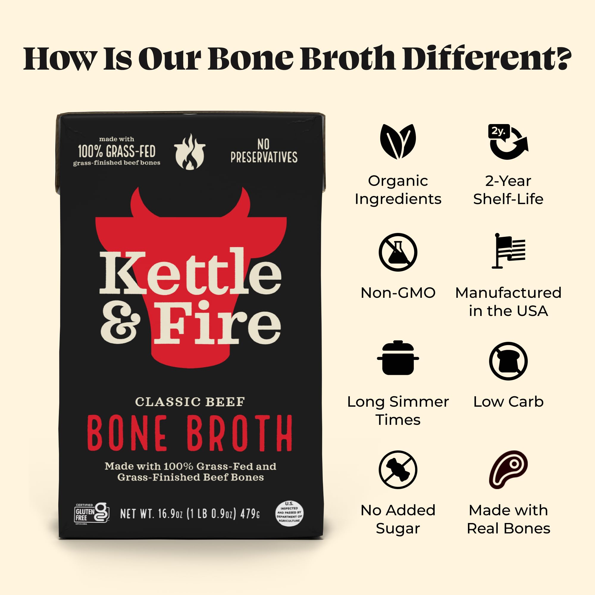 Kettle & Fire carton being poured into a pot demonstrating easy-use and cooking convenience