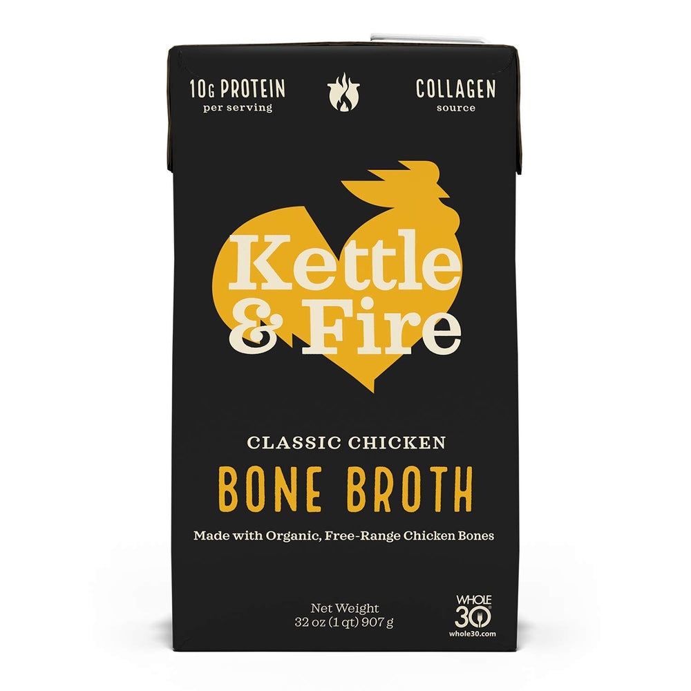 Kettle & Fire front packaging showing 32 oz broth and clear branding benefit convenience