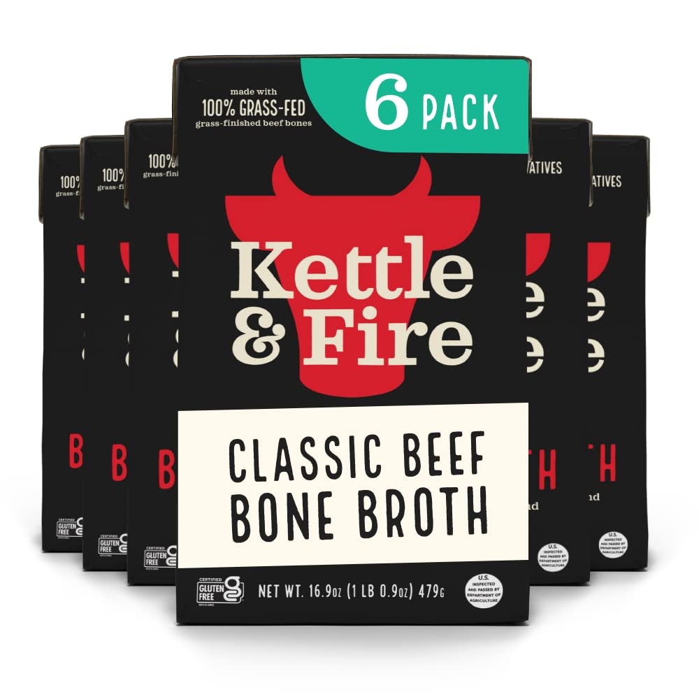 Kettle & Fire front carton showing classic beef broth branding and pantry convenience