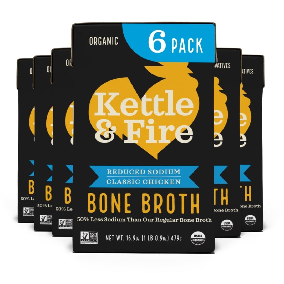 Kettle & Fire front packaging showing reduced sodium six-pack and organic label benefits
