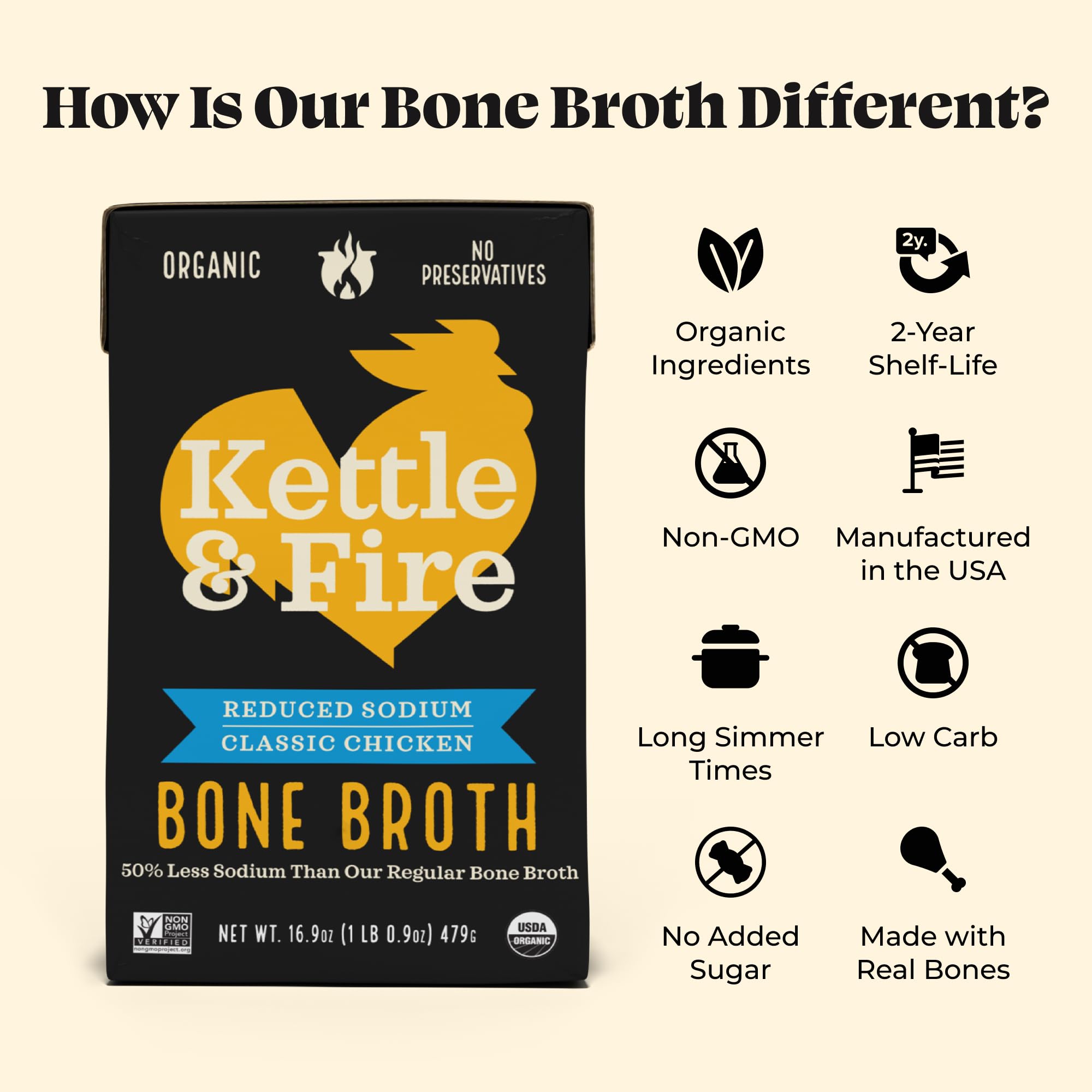 Spoon pouring Kettle & Fire reduced sodium chicken broth emphasizing ease and flavor