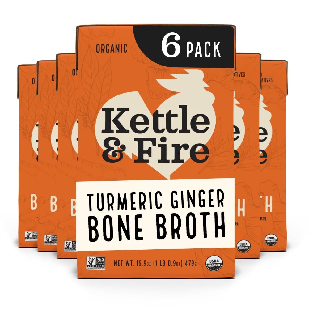 Kettle & Fire front packaging showing turmeric ginger chicken broth and convenience
