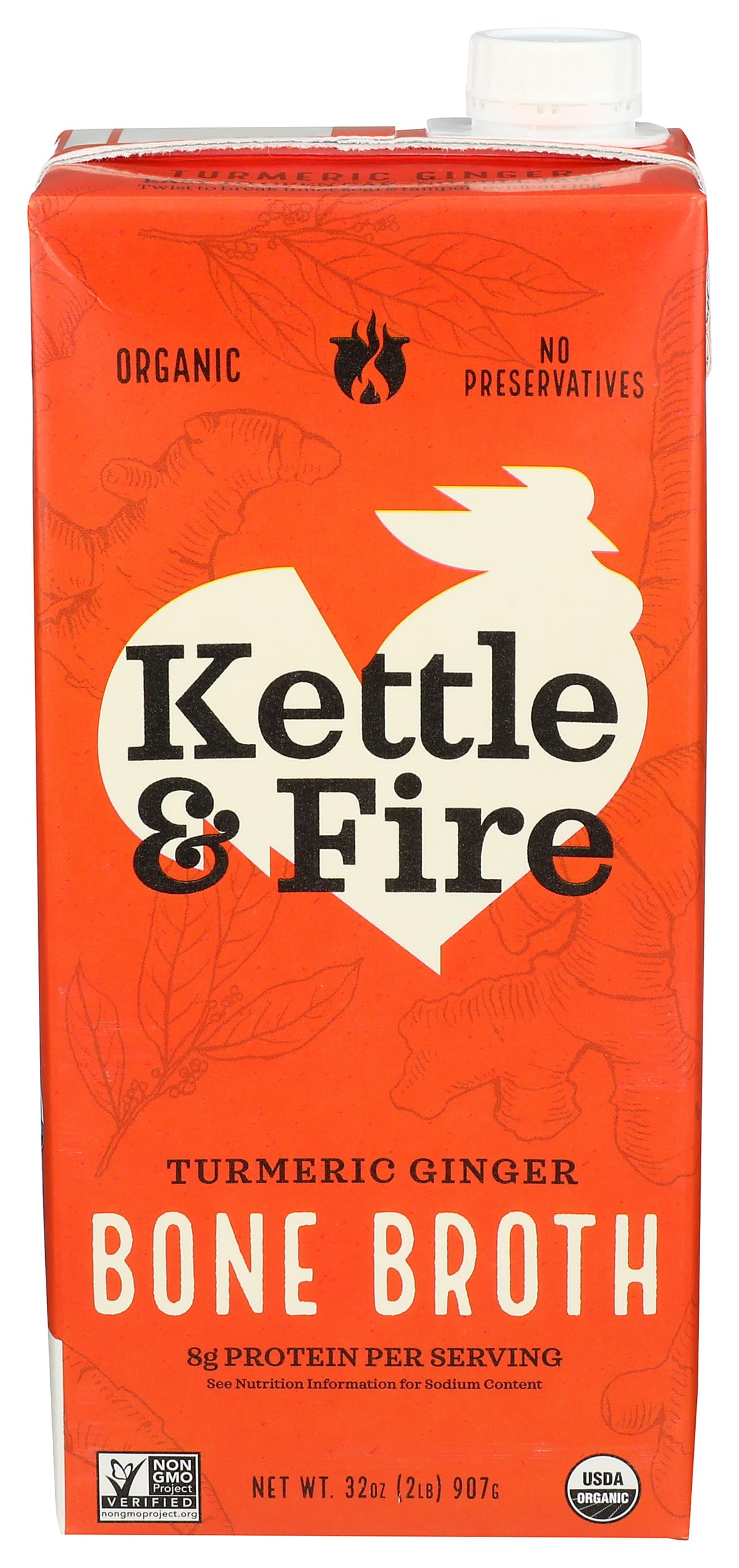 Kettle & Fire front packaging showing 32 oz carton and clear label benefit