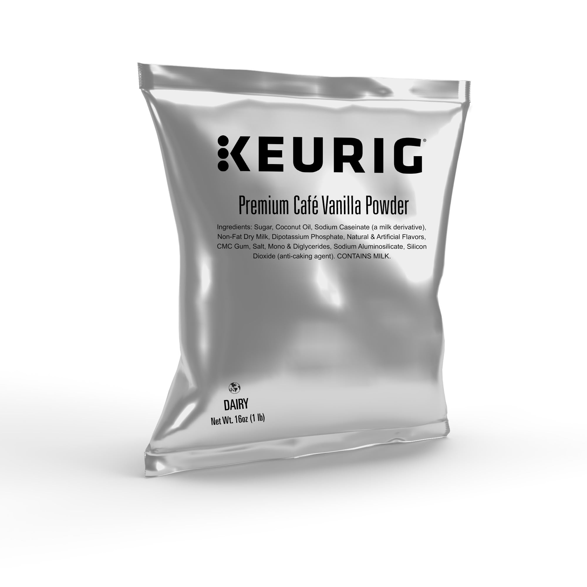 Keurig bag label and ingredient detail showing real milk content and product info