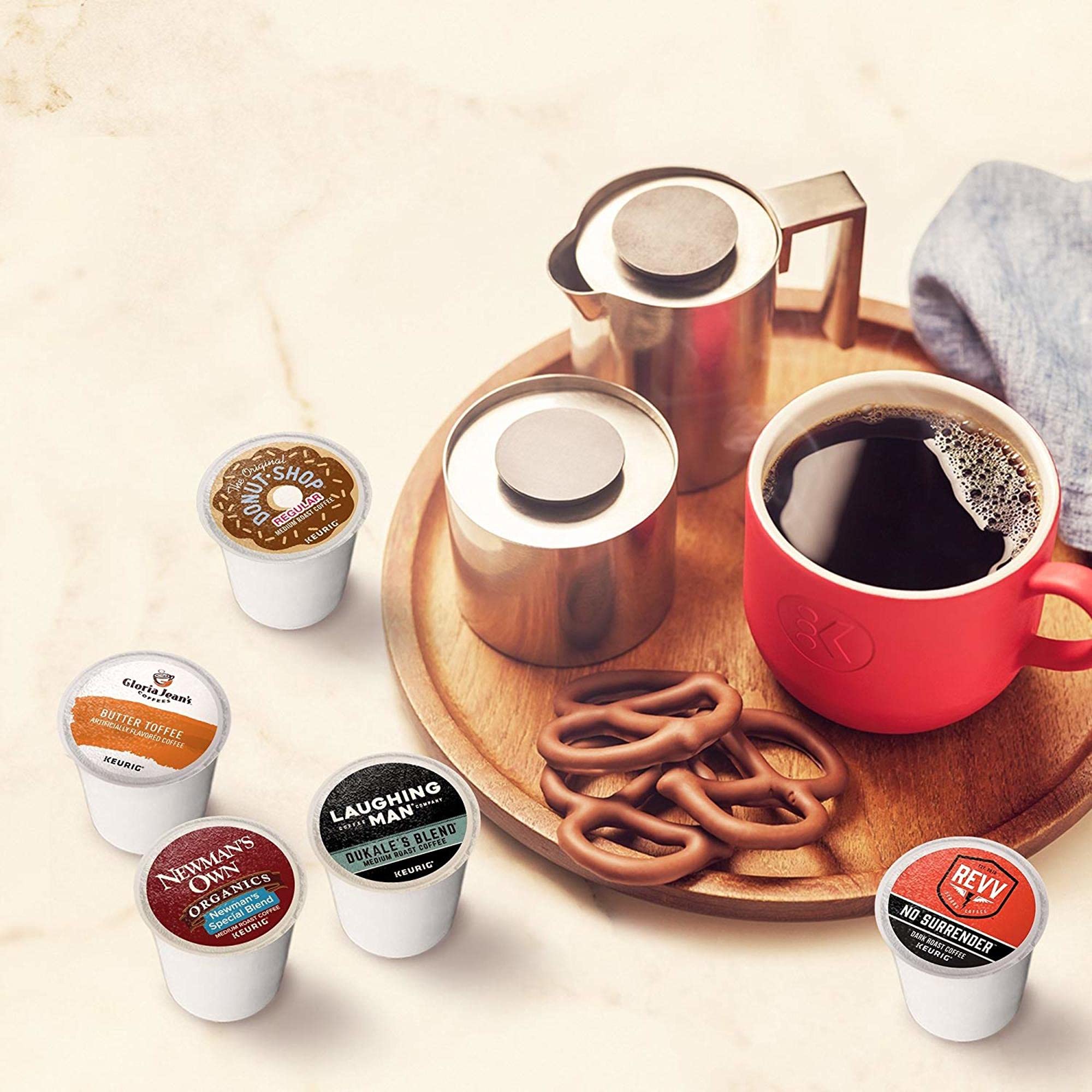 Fresh cup being poured from a Keurig brew demonstrating fast morning convenience
