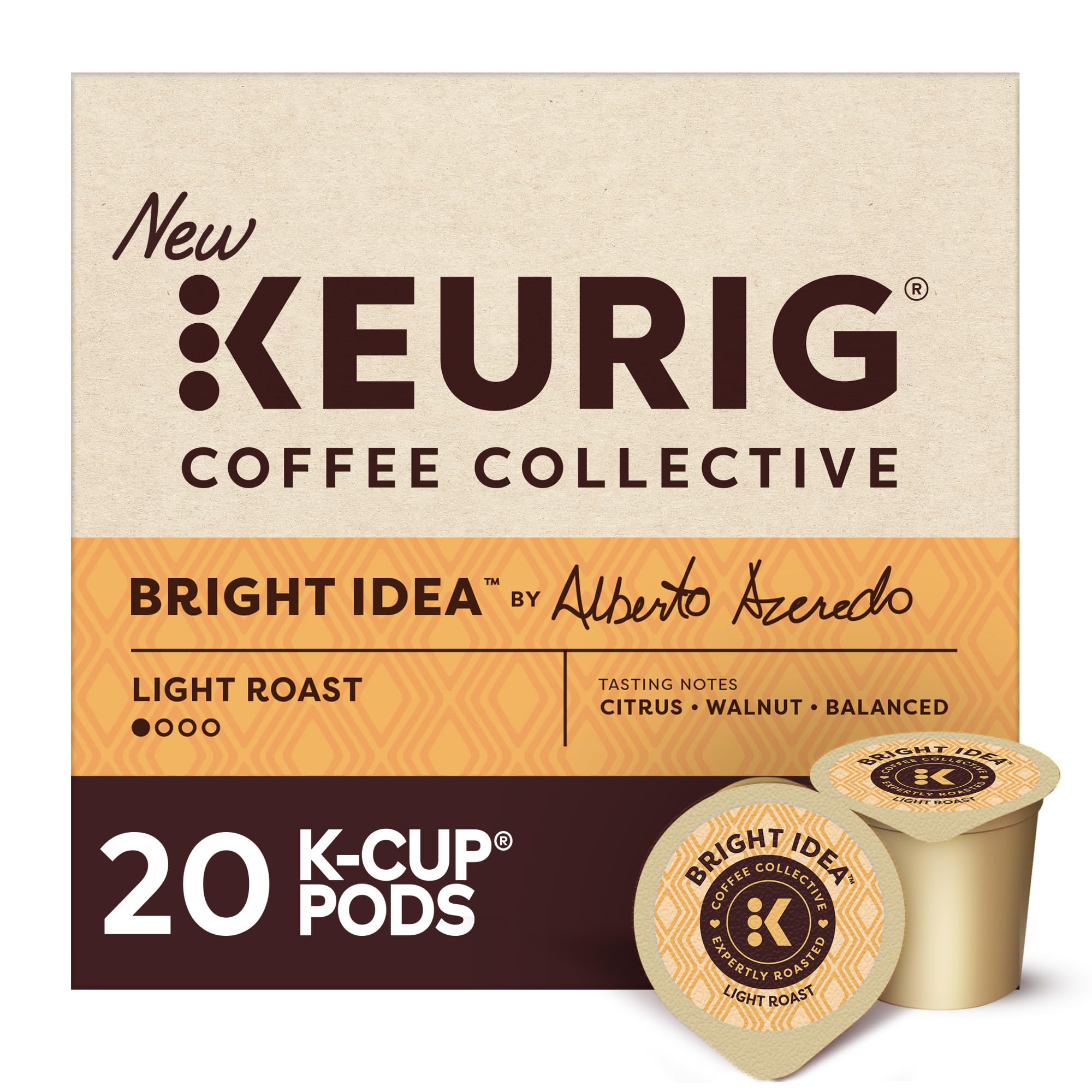 Keurig Coffee Collective front packaging showing Bright Idea 20-count for easy storage