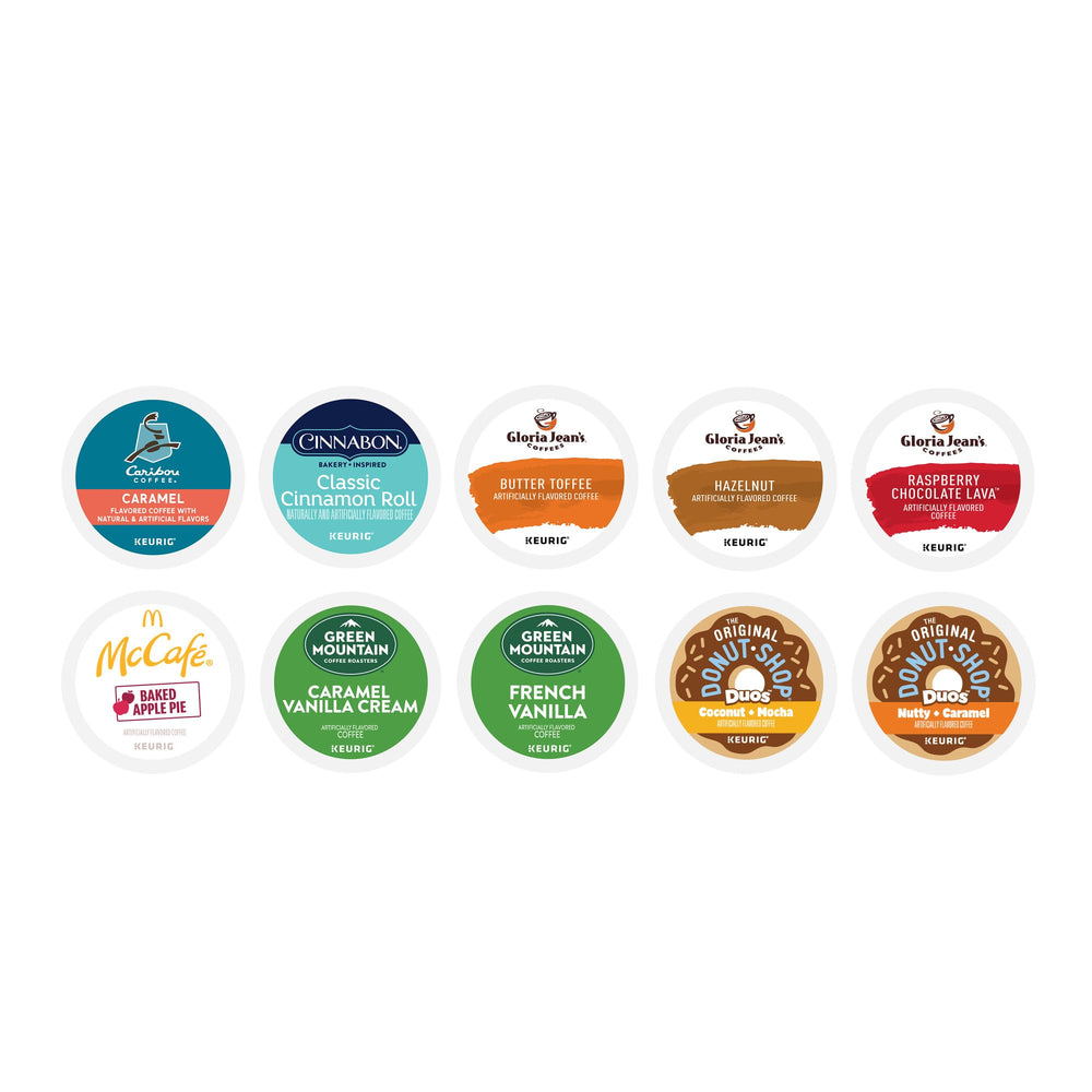 Array of ten flavor pods with labels showing brand variety benefit